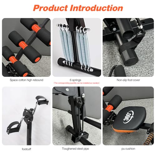 All-in-One Abdominal Bench, Foldable Home Gym Trainer with Backrest & Roller and Metal Frame for Core Strength (Black)