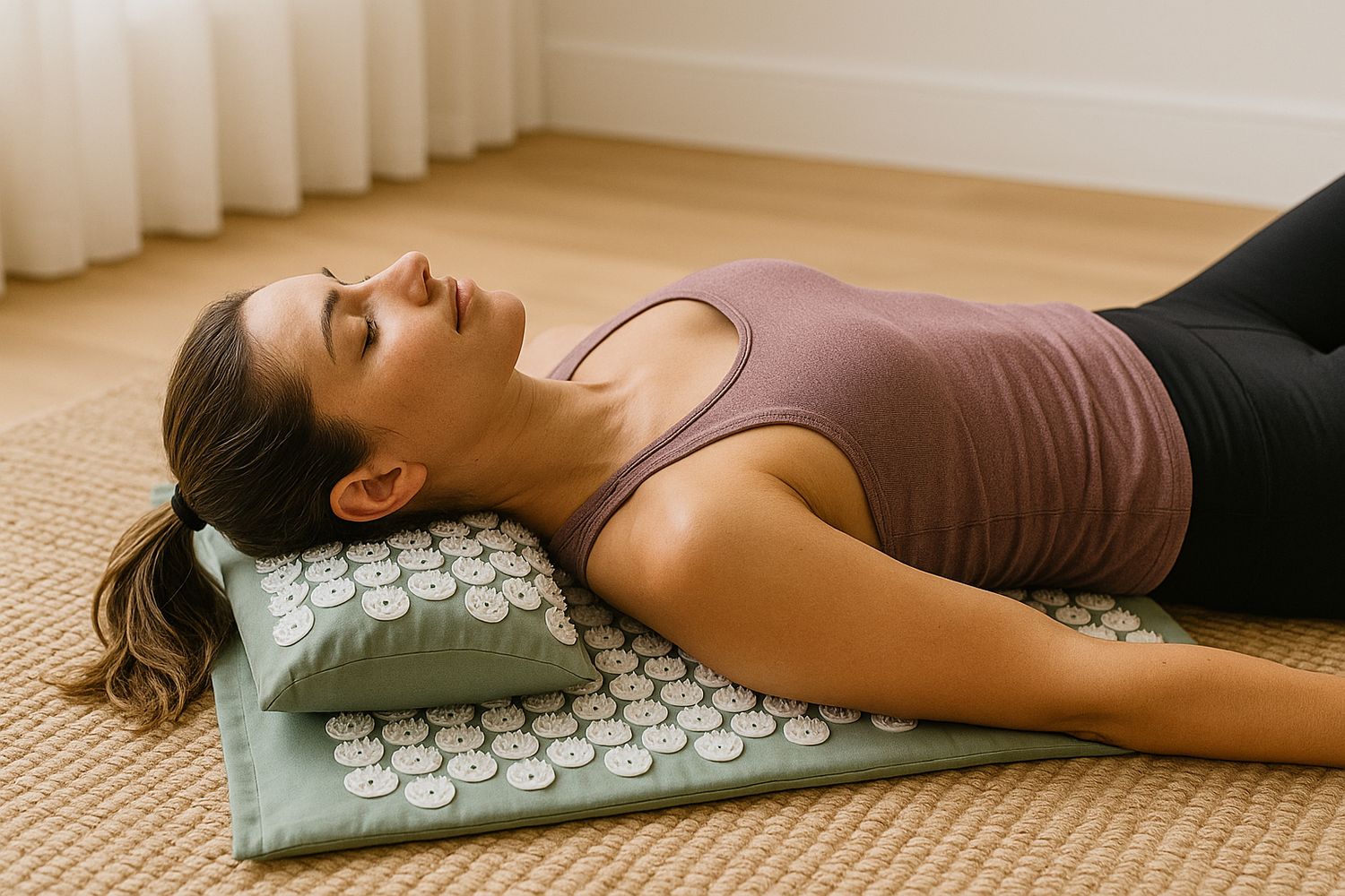 A person lying on a spiked acupressure mat relaxing their back and shoulders.