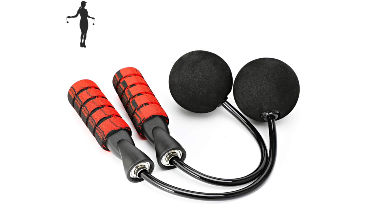 Cordless weighted jump rope with red foam handles and black counterweight balls, ideal for indoor cardio workouts and CrossFit training
