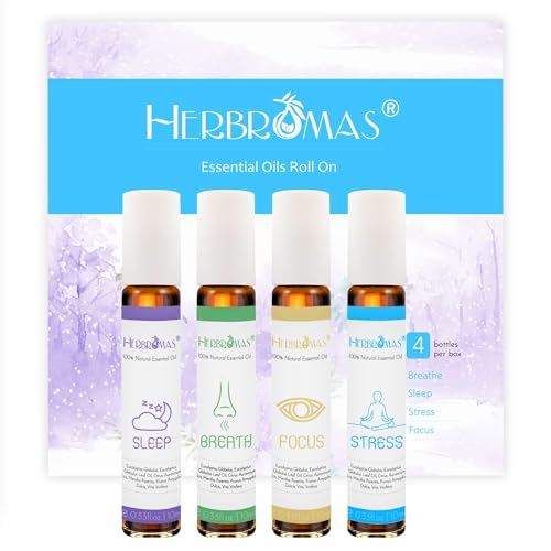 HERBROMAS Aromatherapy Oils Roller Set, Natural Pre-diluted Essential Oils Roll On with Glass Rollerball, Relaxation Gift ...