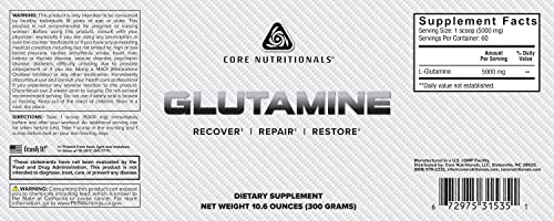 Core Nutritionals Glutamine Amino Acid | Enhance Recovery & Restore L-Glutamine Levels | Immune Support, Muscle Build, Gut...
