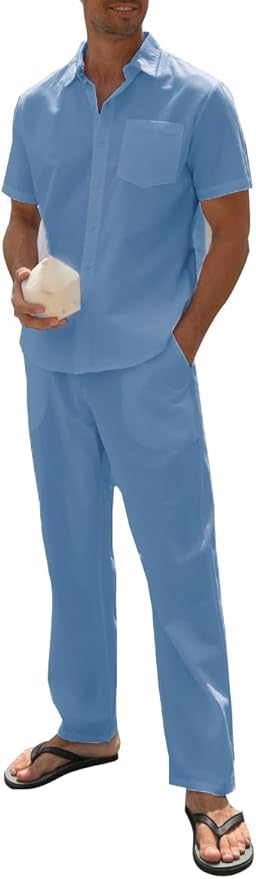 SIENDIU Men's Linen sets 2 Piece Outfits Beach Wedding Clothes Casual Button Down Shirts Yoga Pants Summer Matching Suit