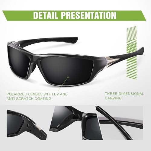 Foliful 3 Pack Polarized Sports Sunglasses for Men, Mens Sunglasses Wrap Around UV Protection for Cycling Fishing Driving
