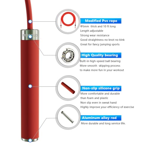 MOGOLD Adjustable Jump Rope for Home Fitness - 5mm PVC Cord with Ball Bearings, Anti-Slip Rubber& Alloy Handles for Beginn...