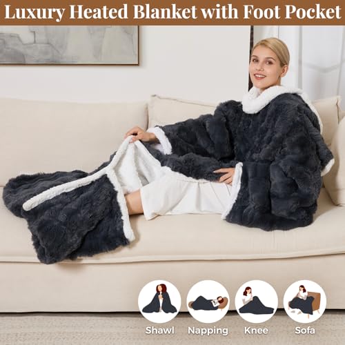 Wearable Heated Blanket, Luxury Faux Fur & Sherpa Electric Throw Blanket with Sleeves, Foot Pockets, Heated Robe for Women...