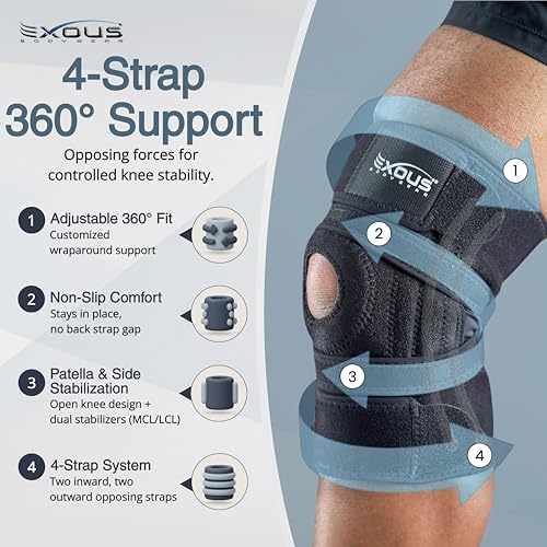 EXOUS BODYGEAR Knee Brace Meniscus Tear Support For Arthritis Acl, Mcl Pain Patented 4-way Adjustable Wraparound Strap Dua...