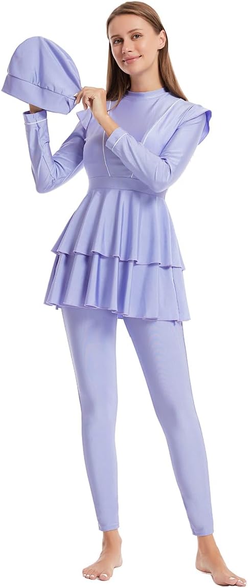 Women's Muslim Swimwear Long Sleeve Burkini Full Cover Swimsuit Rash Guard, 3pcs Set