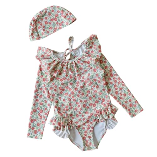 Ruffle Butts Girls Swimsuits with Swim Caps Floral Print Bathing Suit Cute Long Sleeve Zipper Summer Beach Rashguard