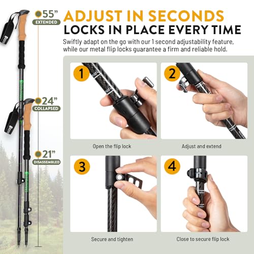 100% Carbon Fiber Trekking Poles by USA Brand - Ultra Strong Lightweight Collapsible Hiking Poles with Cork and EVA Foam G...
