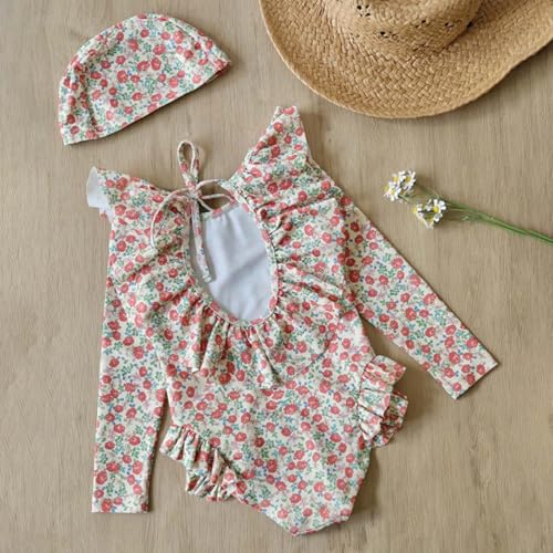Ruffle Butts Girls Swimsuits with Swim Caps Floral Print Bathing Suit Cute Long Sleeve Zipper Summer Beach Rashguard