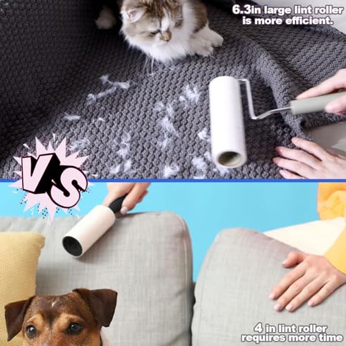 Extra Sticky Large Surface Lint Roller, 6.3'' Giant Lint Roller for Pet Hair, 450 Sheets/ 5 Refills, Long Handle Lint Remo...