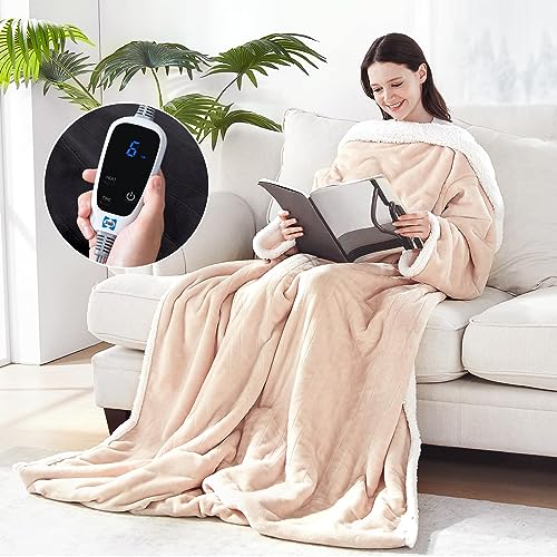 Sealy Electric Blanket Wearable with Foot Pocket, Electric Snuggle Blanket with Sleeves, Flannel & Sherpa Heating Throw wi...