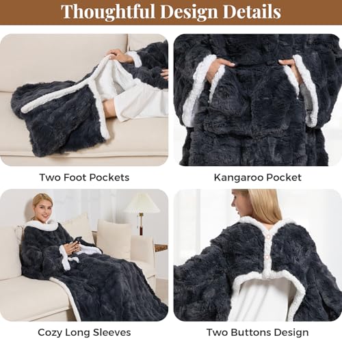 Wearable Heated Blanket, Luxury Faux Fur & Sherpa Electric Throw Blanket with Sleeves, Foot Pockets, Heated Robe for Women...