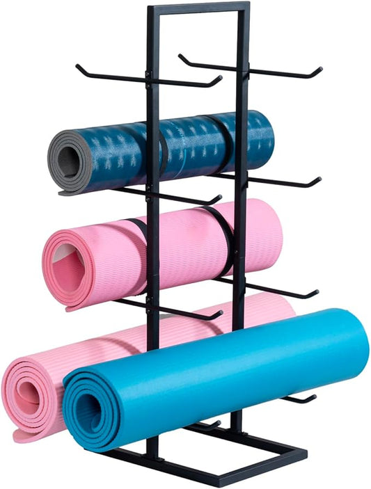 MyGift 4 Tier Yoga Mat Holder, Foam Roller Storage, Freestanding Double Sided Matte Black Metal Fitness Mat Stand