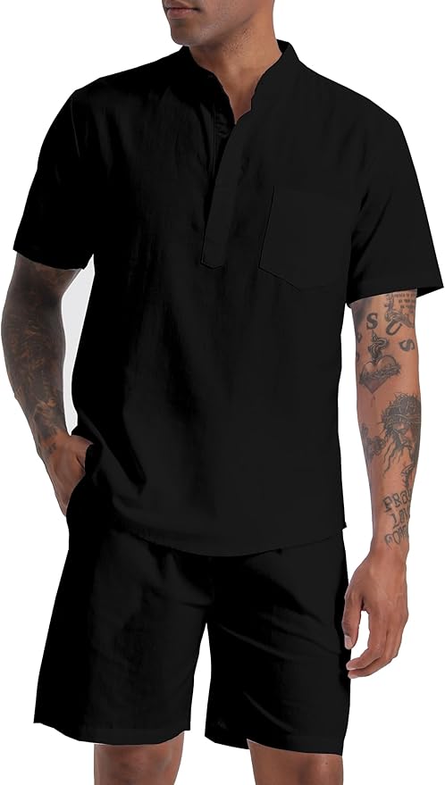 SIENDIU Men's Cotton Linen Set Henley Shirts Shorts outfits 2 Piece Beach Clothes Vacation Matching Suit Summer Wear