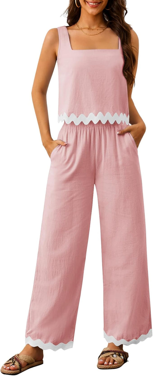 Women's 2 Piece Outfits Summer Sets Sleeveless Crop Tank Top Wide Leg Pants Cruise Vacation Lounge Matching Sets