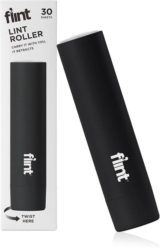 Flint Classic Black Retractable Mini Lint Roller with 30 Extra Sticky Sheets, Small and Portable Lint Roller, Ideal Pet Ha...