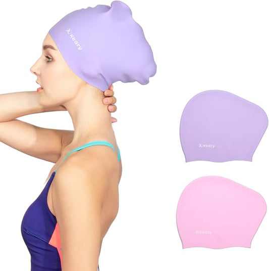 Keary 2 Pack Updated Silicone Swim Cap for Long Hair Women Girl Waterproof Bathing Pool Swimming Cap Cover Ears to Keep Yo...