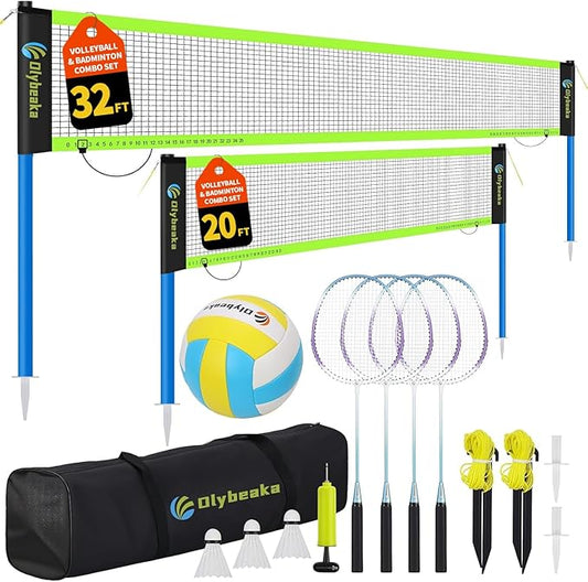 Outdoor Volleyball & Badminton Combo Net Set for Backyard, Beach with 2 Nets, Adjustable Poles, 4 Aluminum Rackets, PU Vol...