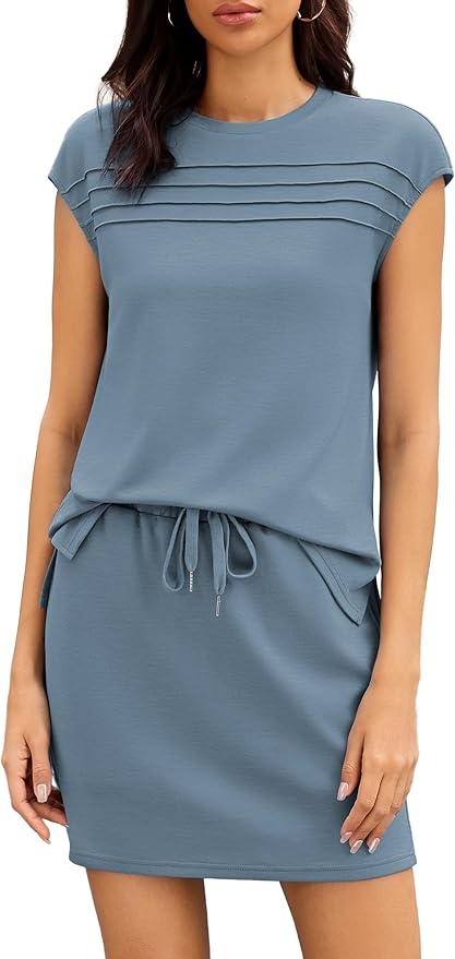 Casly Lamiit Two Piece Sets for Women Summer Skirt and Top Set Cap Sleeve Matching Drawstring Tennis Skort Outfits