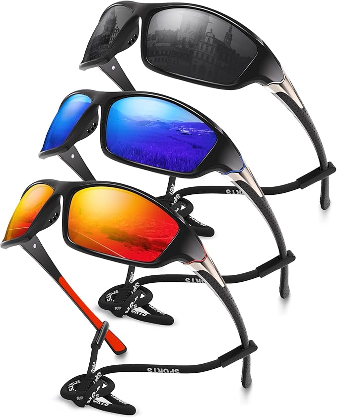 Foliful 3 Pack Polarized Sports Sunglasses for Men, Mens Sunglasses Wrap Around UV Protection for Cycling Fishing Driving
