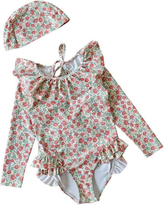 Ruffle Butts Girls Swimsuits with Swim Caps Floral Print Bathing Suit Cute Long Sleeve Zipper Summer Beach Rashguard