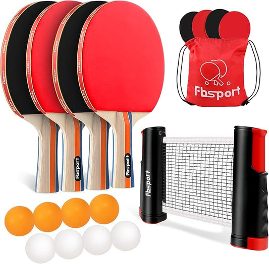 FBSPORT Ping Pong Paddle Set, Table Tennis Set with 4 Rackets and 8 Balls, Retractable Net with Storage Bag - Pingpong Pad...