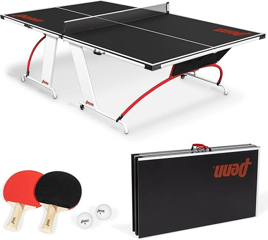Penn Full-Size Ping Pong Table - Easy Setup, Engineered Wood, Black/White/Red - Preassembled Table Tennis Set - Foldable P...