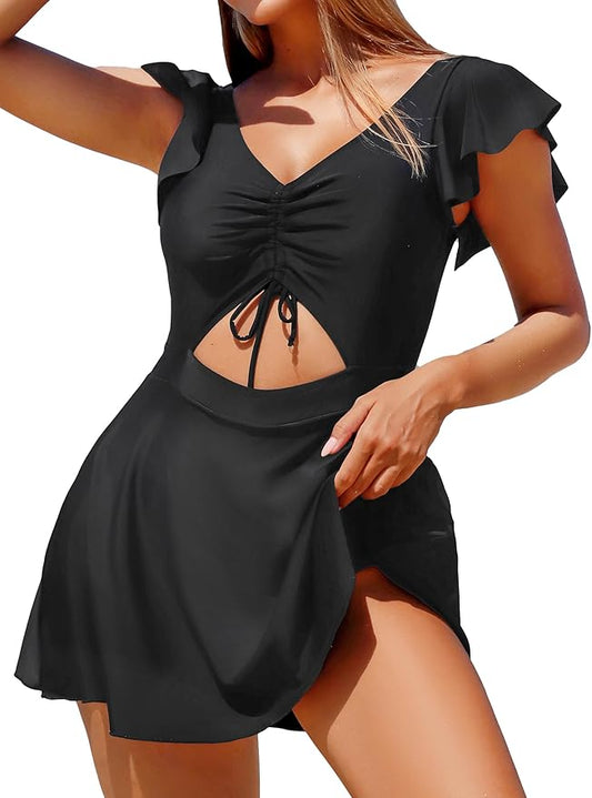 Smismivo Swimdress for Women Swimwear Tummy Control Slimming One Piece Bathing Suit Ruffle Cap Sleeve Cutout V Neck Swimsuit