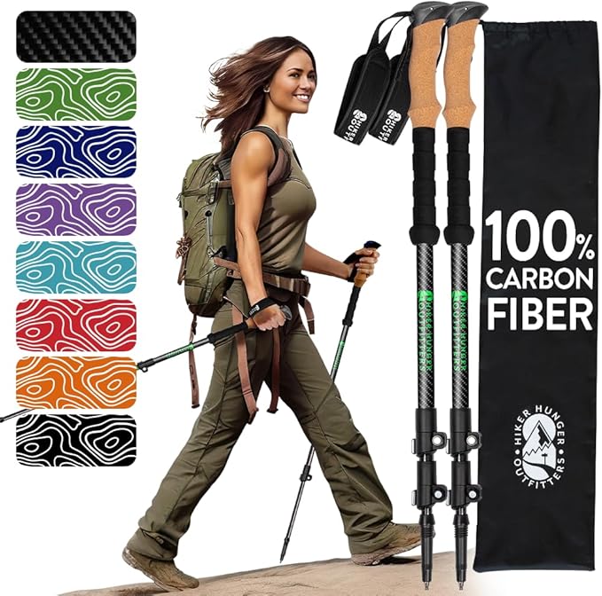 100% Carbon Fiber Trekking Poles by USA Brand - Ultra Strong Lightweight Collapsible Hiking Poles with Cork and EVA Foam G...