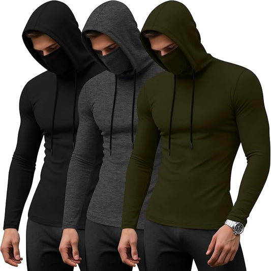 August Alley 3 Pack Men's Sports Hoodies with Mask Compression Long Sleeve Thermal Shirts Base Layer Tees Running Pullover