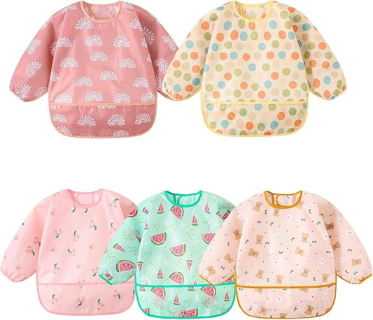 Hafftnun Long Sleeved Bibs,5 PCS Waterproof Wearable Bibs with Sleeves,Baby Feeding Smock 6-30 Months