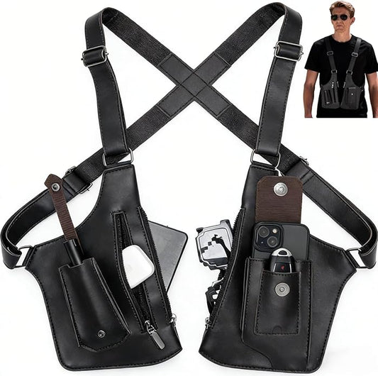 Double Shoulder Armpit Bag for Men, Fashion Leather Double Shoulder Straps Holster Wallet Adjustable Oxford Cloth Underarm