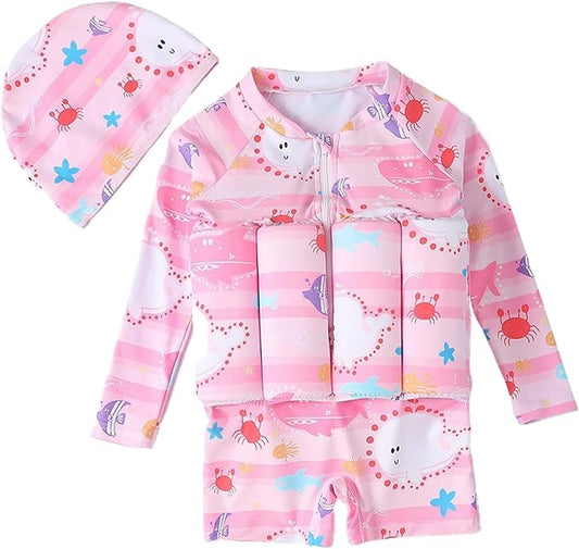 Floatie Swimsuit for Toddler, Removable Buoyancy - Zip Up Swimwear with Cap for Boys Girls