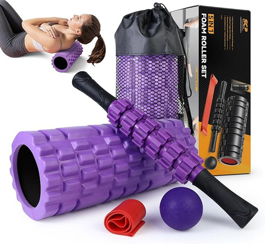 5 in 1 Foam Roller Set for Deep Tissue Muscle Massage, High Density Trigger Point Fitness Patented Exercise Foam Roller, M...