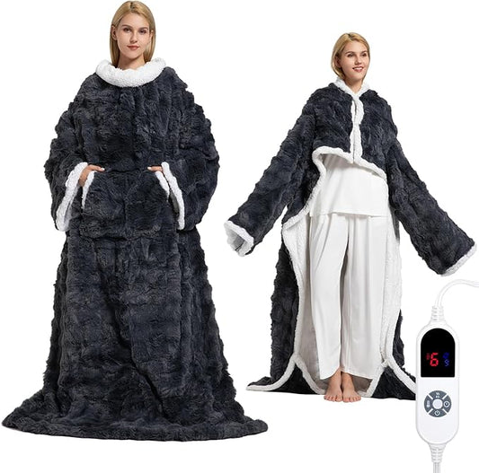 Wearable Heated Blanket, Luxury Faux Fur & Sherpa Electric Throw Blanket with Sleeves, Foot Pockets, Heated Robe for Women...