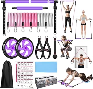 BBTOPS Pilates Bar Kit with Resistance Bands,Ab Roller,2 in 1 Foot Strap & Handle,Door Anchor Pilates Equipment with Resis...
