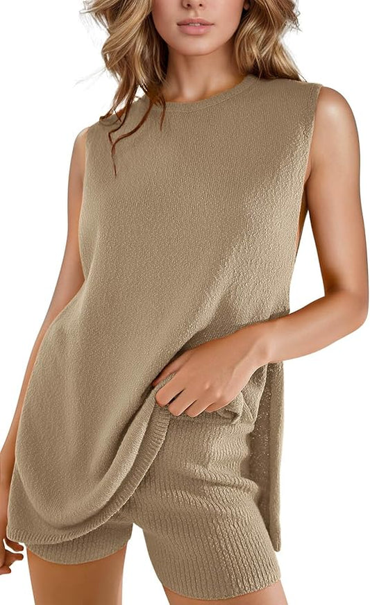 Imily Bela Womens Summer Sweater Sets Sleeveless Knit Tank Tops Matching Shorts 2 Piece Beach Vacation Outfits
