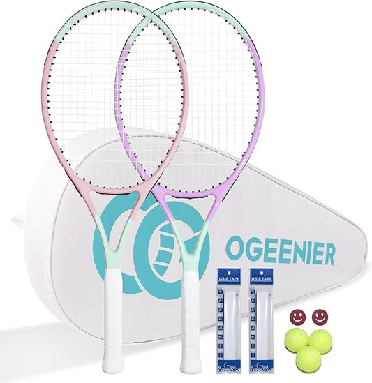 OGEENIER 27" Tennis Racket Set for Adults, Pre-Strung Tennis Racquets for Beginners, 2-Player Recreational Tennis Set with...
