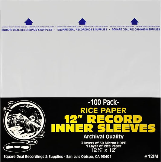 (100) 12 Inch Record Inner Sleeves - 3-Layers of Archival Quality, Anti-Static HDPE with Rice Paper Enclosed Insert for Ex...