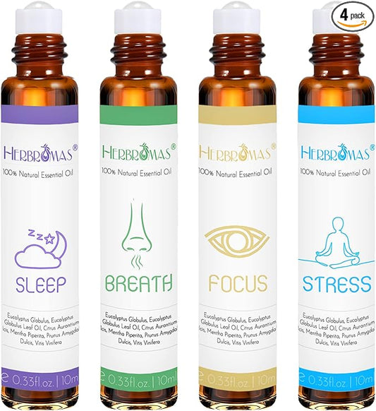 HERBROMAS Aromatherapy Oils Roller Set, Natural Pre-diluted Essential Oils Roll On with Glass Rollerball, Relaxation Gift ...