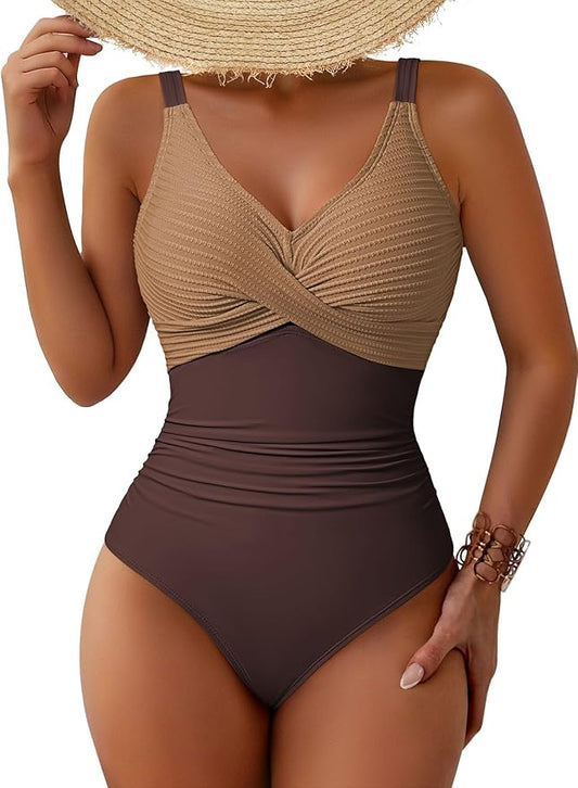 Pink Queen Women One Piece Swimsuit 2026 Patchwork Twist Front V Neck Ruched Tummy Control Swimwear Bathing Suits