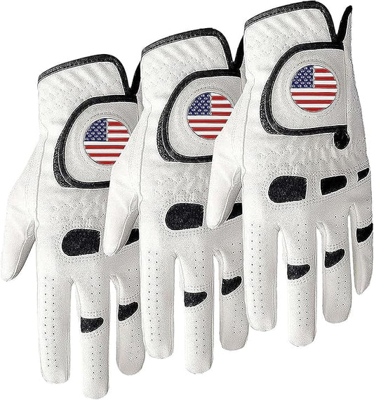 Amy Sport Golf Gloves Men Left Hand Right Handed Golfer 3 Pack with Ball Marker Soft Leather Weathersof Grip Mens Glove Si...
