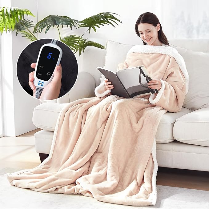 Sealy Electric Blanket Wearable with Foot Pocket, Electric Snuggle Blanket with Sleeves, Flannel & Sherpa Heating Throw wi...