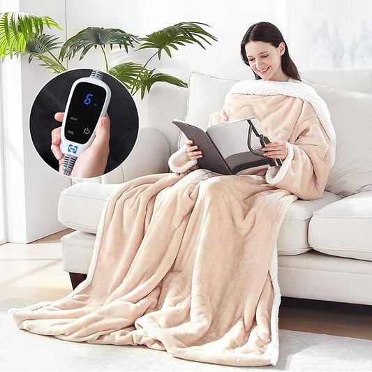 Sealy Electric Blanket Wearable with Foot Pocket, Electric Snuggle Blanket with Sleeves, Flannel & Sherpa Heating Throw wi...