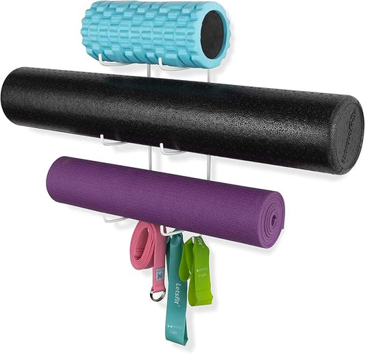 Wallniture Guru Yoga Mat Holder Wall Mount with 3 Hooks for Hanging Yoga Strap, Resistance Bands, 5-Sectional Metal